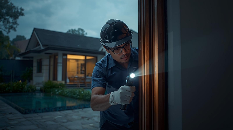 Teknisi profesional melakukan inspeksi anti rayap Bandung pada properti bernilai tinggi