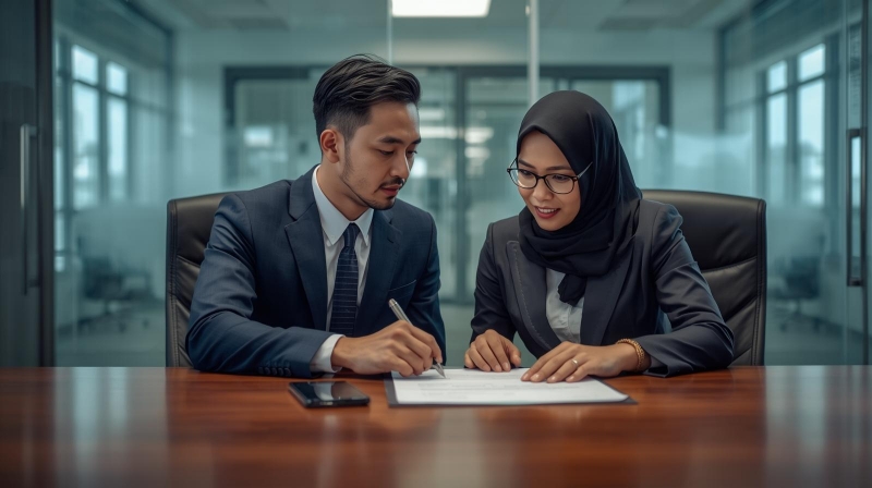 Dua staff legal perusahaan di Indonesia sedang berdiskusi dan melakukan review kontrak bisnis di ruang rapat