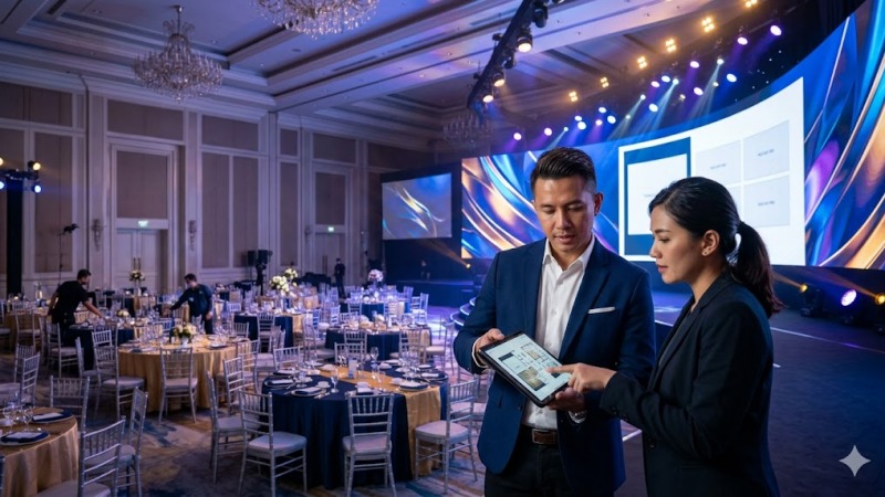Tim manajemen produksi sedang mempersiapkan panggung acara dari EO Jakarta profesional.