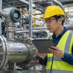 Insinyur instrumentasi sedang mengevaluasi perbandingan flow meter vs gas meter pada instalasi pipa industri.