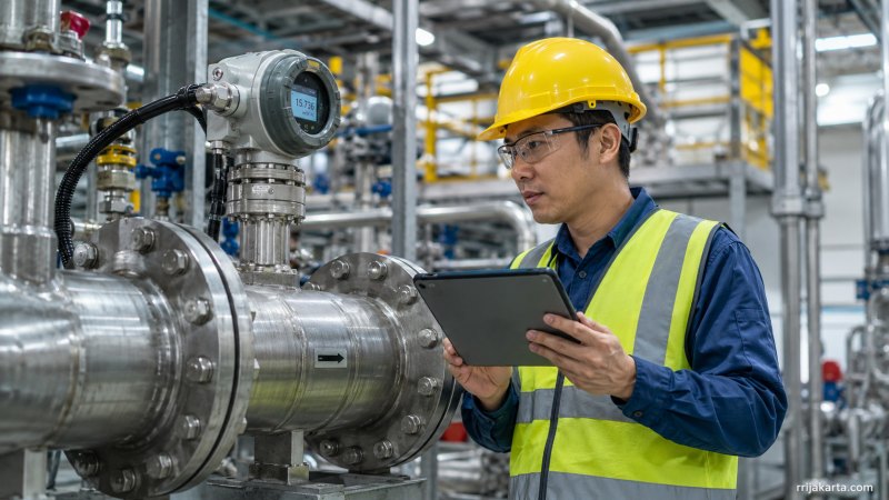 Insinyur instrumentasi sedang mengevaluasi perbandingan flow meter vs gas meter pada instalasi pipa industri.