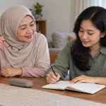 Dua perempuan menyiapkan catatan untuk konsultasi gejala katarak, dengan kacamata di tangan perempuan lanjut usia.