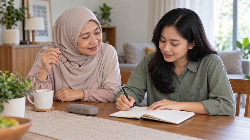 Dua perempuan menyiapkan catatan untuk konsultasi gejala katarak, dengan kacamata di tangan perempuan lanjut usia.