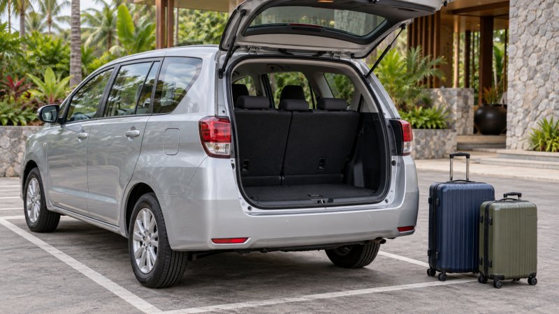 Mobil MPV dengan bagasi terbuka dan dua koper sebagai ilustrasi sewa mobil Labuan Bajo.