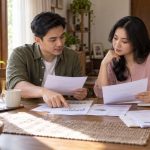 Pasangan membandingkan dokumen asuransi individu dan perlindungan dari kantor di meja rumah.