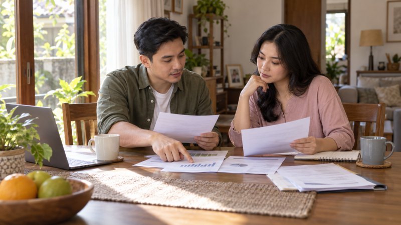 Pasangan membandingkan dokumen asuransi individu dan perlindungan dari kantor di meja rumah.
