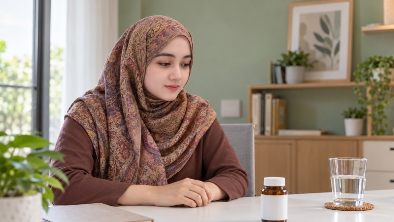 Ilustrasi vitamin untuk kesuburan wanita dengan perempuan berhijab menatap botol suplemen tanpa merek di meja